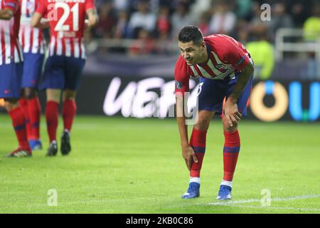 Vitolo di Atletico si reats durante la Super Cup UEFA tra il Real Madrid e Atletico Madrid allo Stadio Lillekula il 15 agosto 2018 a Tallinn, Estonia. (Foto di Ahmad Mora/NurPhoto) Foto Stock