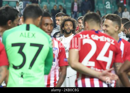 Il Marcelo del Real reagisce dopo la partita della UEFA Super Cup tra il Real Madrid e l'Atletico Madrid allo stadio di Lillekula il 15 agosto 2018 a Tallinn, Estonia. (Foto di Ahmad Mora/NurPhoto) Foto Stock