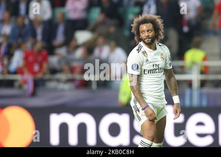 Marcelo del Real of reagisce durante la Super Cup UEFA tra il Real Madrid e l'Atletico Madrid allo Stadio Lillekula il 15 agosto 2018 a Tallinn, Estonia. (Foto di Ahmad Mora/NurPhoto) Foto Stock