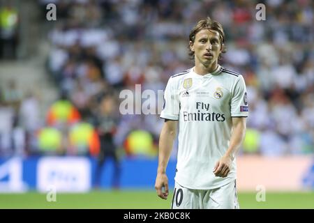 Luka Modric del Real reagisce durante la Super Cup UEFA tra il Real Madrid e l'Atletico Madrid allo Stadio Lillekula il 15 agosto 2018 a Tallinn, Estonia. (Foto di Ahmad Mora/NurPhoto) Foto Stock