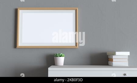 cornice vuota in 3d rendering soggiorno, mock up o copia sfondo spazio in 3d illustrazione, interni rendering scena con design concept minimal, migliore utilizzo per Foto Stock