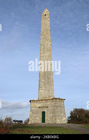 Il Wellington Monument nel Somerset è un obelisco triangolare alto 175 metri sulle Blackdown Hills tra Wellington e Taunton Foto Stock