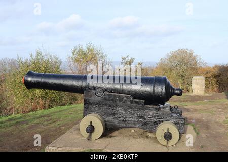 Un cannone ai piedi del Wellington Monument in Somerset. Si trova sulle colline Blackdown tra Wellington e Taunton. È il più alto thr Foto Stock