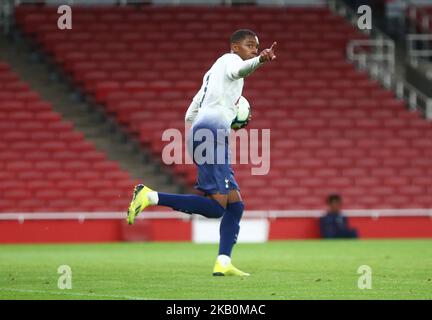 Jaden Brown di Tottenham Hotspur Under 23s celebra la sua partita di Premier League 2 tra Arsenal Under 23s e Tottenham Hotspur Under 23s allo stadio Emirates , Londra, Inghilterra il 31 agosto 2018. (Foto di Action Foto Sport/NurPhoto) Foto Stock