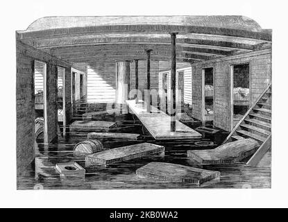 Il salone di mezza nave della nave a vapore Inman Company di tre anni 'City of New York' dopo che si è arenata su una barriera corallina chiamata Daunt's Rock nel marzo 1864. Tenuto fermo, e in condizioni di clima mite, i passeggeri e l'equipaggio hanno avuto poche difficoltà ad abbandonare la nave e non sono state segnalate vittime. Aveva navigato da New York attraverso l'Atlanti e si stava avvicinando al Porto di Queenstown (ora chiamato Cobh) sulla costa irlandese della contea di Cork. Foto Stock