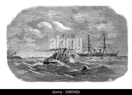 Il Jackal Tender e altre barche che navigano per incontrare l'American Mail Steamer vicino a Roche's Point, County Cork, Irlanda negli anni '1860s. Foto Stock