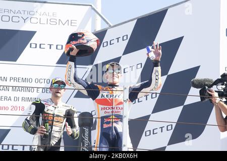 Podio finale gara 93 Marc MARQUEZ SPA Repsol Honda Team Honda MOTOGP al Misano World Circuit Marco Simoncelli, Italia tredicesimo appuntamento del MotoGP Word Championship Gran Premio Octo di San Marino e della Riviera di Rimini 07 set - 09 set , 2018 a Misano, Italia il 9 settembre 2018. (Foto di Fabio Averna/NurPhoto) Foto Stock