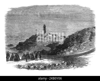 Una visita della Regina Vittoria e del suo marito Principe Alberto al faro di South Stack su Anglesea, Galles del Nord, che guida le navi che attraversano il Mare d'Irlanda da e per i porti di Holyhead e Dun Laoghaire. Seguì il terzo viaggio del monarca in Irlanda nel 1861 nello yacht reale britannico. Foto Stock