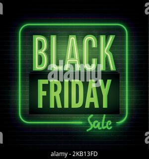 Promozione Black friday al neon verde con offerta di sconto. Modello di banner vettoriale di vendita più grande dell'anno. Elegante pubblicità stagionale. Riduzione del prezzo Design adesivo minimo. Illustrazione Vettoriale