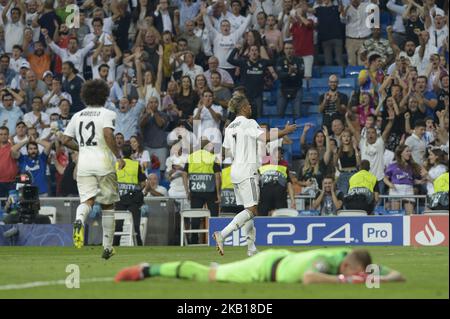 Mariano del Real Madrid si cela dopo il gol durante la partita di gruppo G della UEFA Champions League tra il Real Madrid e AS Roma allo stadio Santiago Bernabeu il 19 settembre 2018 a Madrid, Spagna. (Foto di Patricio Realpe/ChakanaNews) Foto Stock