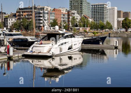 Anversa, Belgio - Agosto 2022: Vista posteriore del lussuoso motoscafo Monkey Business ormeggio in uno dei porti della città Foto Stock