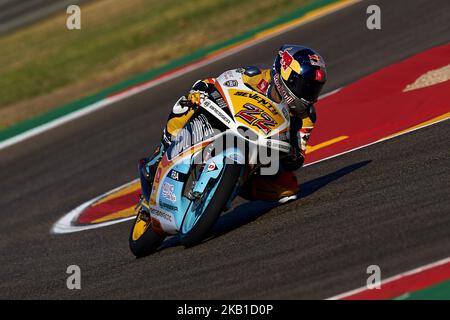 Kazuki Masaki (22) del Giappone e RBA boe Skull Rider KTM durante le prove libere per il Gran Premio Movistar de Aragon del campionato mondiale di MotoGP al Motorland Aragon Circuit il 21 settembre 2018 ad Alcaniz, Spagna. (Foto di Jose Breton/NurPhoto) Foto Stock