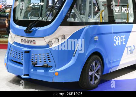 Il progetto Navya Autonomical Shuttle è stato visto durante la prima giornata stampa del Salone di Parigi al Paris Expo Porte de Versailles il 02 ottobre 2018 a Parigi, Francia. Dal 4 al 14 ottobre 2018, il 'Mondial de l'automobile' presenta al pubblico le nuove vetture dei maggiori marchi automobilistici del mondo. (Foto di Michel Stoupak/NurPhoto) Foto Stock