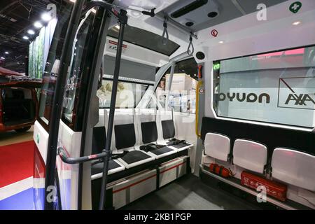 Il progetto Navya Autonomical Shuttle è stato visto durante la prima giornata stampa del Salone di Parigi al Paris Expo Porte de Versailles il 02 ottobre 2018 a Parigi, Francia. Dal 4 al 14 ottobre 2018, il 'Mondial de l'automobile' presenta al pubblico le nuove vetture dei maggiori marchi automobilistici del mondo. (Foto di Michel Stoupak/NurPhoto) Foto Stock