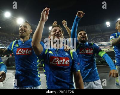 SSC Napoli / FC Liverpool - UEFA Champions League Group C Dries Mertens, Lorenzo Insigne e Marek Hamsik di Napoli festeggiano lo Stadio San Paolo di Napoli il 3 ottobre 2018. (Foto di Matteo Ciambelli/NurPhoto) Foto Stock