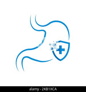 Scudo e stomaco. Protezione dello stomaco. Intestino sano conservato. Trattamento, pronto soccorso per le malattie del tratto gastrointestinale. Illustrazione vettoriale Illustrazione Vettoriale