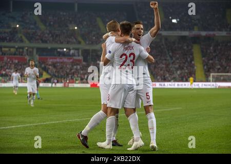 La squadra polacca festeggia il punteggio di Krzysztof Piatek durante la UEFA Nations League Una partita tra Polonia e Portogallo allo Stadio Slesiano di Chorzow, Polonia il 11 ottobre 2018 (Foto di Andrew Surma/NurPhoto) Foto Stock