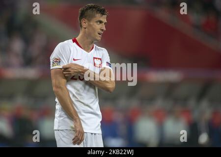 Krzysztof Piatek di Polonia durante la UEFA Nations League Una partita tra Polonia e Portogallo allo Stadio Slesiano di Chorzow, Polonia il 11 ottobre 2018 (Foto di Andrew Surma/NurPhoto) Foto Stock