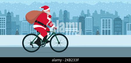 Buon Babbo Natale in bicicletta per la strada della città e con un sacco pieno di regali di Natale Illustrazione Vettoriale