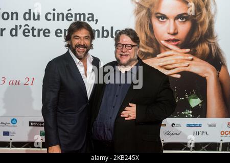 Javier Bardem, Guillermo del Toro durante la cerimonia di apertura dell'edizione 10th del Festival Lumiere, a Lione, in Francia, il 13 ottobre 2018. (Foto di Nicolas Liponne/NurPhoto) Foto Stock