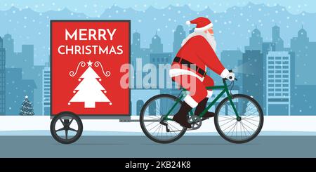 Babbo Natale in bicicletta con trailer pubblicitario in strada città, copia spazio con auguri di Natale Illustrazione Vettoriale