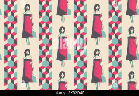 Bella donna con shopping bag, senza cuciture modello vettoriale Illustrazione Vettoriale