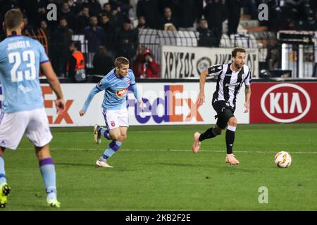 José Cañas #87 (PAOK). Partita FC PAOK vs MOL vidi FC 0-2 allo stadio Toumba di Salonicco, Grecia per la UEFA Europa League Group L. Videon ha segnato a 12' con Szabolcs Huszti e a 45' con Stopira. PAOK aveva il 74% di possesso con 12 colpi finali, 0 carte gialle contro Vidi con 5 colpi finali e 5 carte gialle. (Foto di Nicolas Economou/NurPhoto) Foto Stock