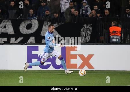 Attila Fiola #5 (Videoton). Partita FC PAOK vs MOL vidi FC 0-2 allo stadio Toumba di Salonicco, Grecia per la UEFA Europa League Group L. Videon ha segnato a 12' con Szabolcs Huszti e a 45' con Stopira. PAOK aveva il 74% di possesso con 12 colpi finali, 0 carte gialle contro Vidi con 5 colpi finali e 5 carte gialle. (Foto di Nicolas Economou/NurPhoto) Foto Stock