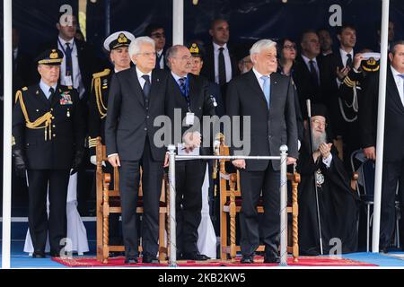 Presidenti greci e italiani partecipano alla Parata di commemorazione della seconda guerra mondiale a Salonicco (Grecia) il 28th ottobre 2018. il presidente greco Prokopis Pavlopoulos e il omologo italiano Sergio Mattarella. Il 28th ottobre è simbolico per la Grecia in quanto segna il rifiuto da parte della Grecia dell'ultimatum del dittatore italiano Benito Mussolini nel 1940 e il coinvolgimento della Grecia nella seconda guerra mondiale. (Foto di Nicolas Economou/NurPhoto) Foto Stock