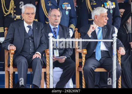 Presidenti greci e italiani partecipano alla Parata di commemorazione della seconda guerra mondiale a Salonicco (Grecia) il 28th ottobre 2018. il presidente greco Prokopis Pavlopoulos e il omologo italiano Sergio Mattarella. Il 28th ottobre è simbolico per la Grecia in quanto segna il rifiuto da parte della Grecia dell'ultimatum del dittatore italiano Benito Mussolini nel 1940 e il coinvolgimento della Grecia nella seconda guerra mondiale. (Foto di Nicolas Economou/NurPhoto) Foto Stock