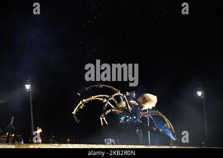 Ariane sotto la falsa neve sul ponte Pont-Neuf. Centinaia di migliaia sono venuti a vedere l'atto finale dello spettacolo 'le Gardien du Temple' dalla compagnia teatrale di strada 'la Machine'. Ariane, il ragno gigante e Asterion, il Minotauro sono i principali personaggi dell'opera urbana. La compagnia teatrale di strada 'la Machine' torna a Tolosa con i loro personaggi giganti in una prima mondiale. I personaggi suoneranno durante quattro giorni una storia dal titolo "le Guardien du Temple" basata sul Minotaur'story. Tolosa. Francia. Novembre 4th 2018. (Foto di Alain Pitton/NurPhoto) Foto Stock