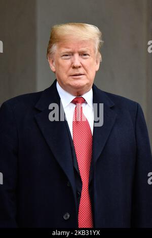 Il presidente francese Emmanuel Macron accoglie il presidente degli Stati Uniti Donald Trump per i colloqui bilaterali al Palazzo Elysee di Parigi il 10 novembre 2018 a margine delle commemorazioni del 100th° anniversario dell'armistizio del 11 novembre 1918, che ha posto fine alla prima guerra mondiale (Foto di Julien Mattia/NurPhoto) Foto Stock