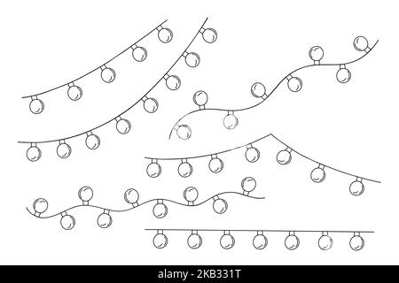 Lampada di Natale luci cordoncino cordoncino impostare semplice doodle mano disegnata vettore illustrazione, delineare tradizionale stagione festiva immagine per l'inverno nuovo Illustrazione Vettoriale