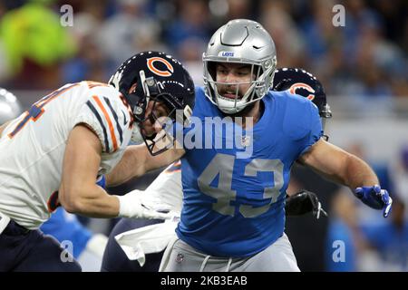 Il fullback Detroit Lions Nick Bellore (43) difende contro Chicago Bears Tight End ben Braunecker (84) durante la prima metà di una partita di football NFL a Detroit, Michigan USA, giovedì 22 novembre 2018. (Foto di Jorge Lemus/NurPhoto) Foto Stock