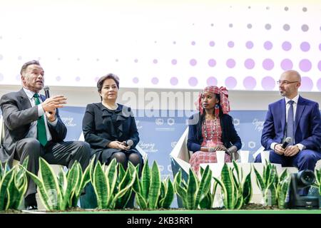 Arnold Schwarzenegger, USC Schwarzenegger Institute Presidente ed ex-Governatore della California, Patricia Espinosa, Segretario Esecutivo dell'UNFCCC, Hindou Ibrahim, leader indigeno e Michal Kurtyka, Segretario di Stato del Ministero dell'energia in Polonia durante il panel di apertura dell'hub d'azione al COP24 Katowice, Polonia, il 3rd dicembre 2018. Il COP24 è organizzato dalla Convenzione quadro delle Nazioni Unite sui cambiamenti climatici (UNFCCC). (Foto di Dominika Zarzycka/NurPhoto) Foto Stock