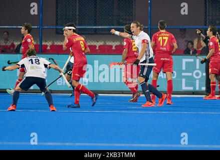 I giocatori francesi celebrano durante la FIH Men's Hockey World Cup Pool Una partita tra Spagna e Francia al Kalinga Stadium il 3 novembre 2018 a Bhubaneswar, India. (Foto di NurPhoto) Foto Stock