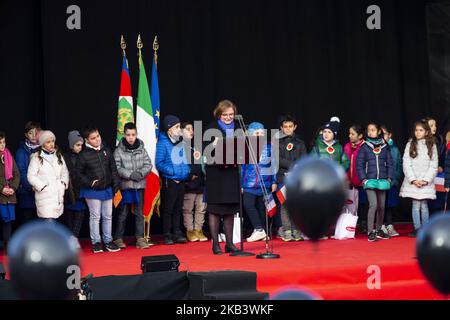 Ministro francese per gli Affari europei Nathalie Loiseau durante la riapertura ufficiale della chiesa di ANIME Sante a l'Aquila, Italia, il 6 dicembre 2018. La chiesa di Santa Maria del Suffragio a LAquila ha subito gravi danni nel corso del 6th aprile 2009. Quasi dieci anni dopo il terremoto dell'Aquila, il 6 aprile 2009, fu restituita la simbolica Chiesa di Santa Maria del Suffragio, detta anche Chiesa dell'ANIME Sante. (Foto di Manuel Romano/NurPhoto) Foto Stock