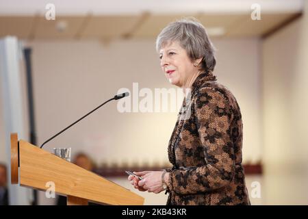 Theresa May, primo ministro del Regno Unito, ha tenuto una conferenza stampa durante il vertice del Consiglio europeo che si terrà a Bruxelles (Belgio) il 14 dicembre 2018. Theresa May continua difficili negoziati sulla Brexit con i membri del Consiglio europeo durante il vertice del 13 e 14th dicembre dopo che il voto sull'accordo Brexit è stato rinviato nel suo paese. (Foto di Dominika Zarzycka/NurPhoto) Foto Stock