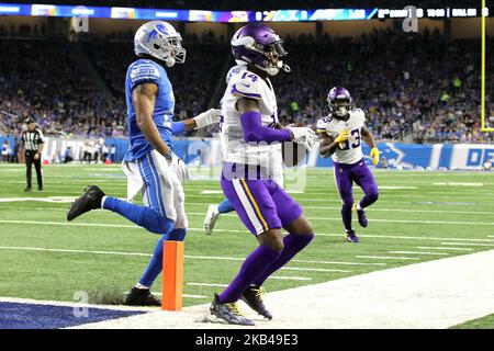 Il ricevitore del Minnesota Vikings Stecon Diggs (14) segna un touchdown durante la prima metà di una partita di football NFL contro i Detroit Lions a Detroit, Michigan USA, domenica 23 dicembre 2018. (Foto di Jorge Lemus/NurPhoto) Foto Stock