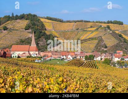 Situato nella valle dei vigneti, il villaggio di Niedermorschwihr in Francia è tipico della strada del vino Alsazia. Foto Stock