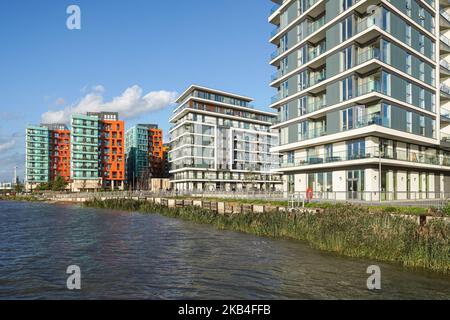 I River Gardens e gli edifici residenziali di appartamenti di Enderby Wharf a Greenwich, Londra, Regno Unito Foto Stock