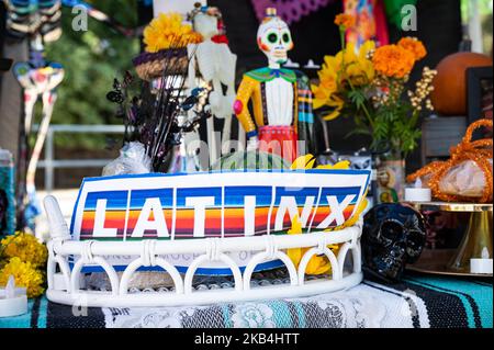 Un segno di Latinx che include il genere fa parte di una colorata mostra d'altare dia de los Muertos (giorno dei morti). Foto Stock