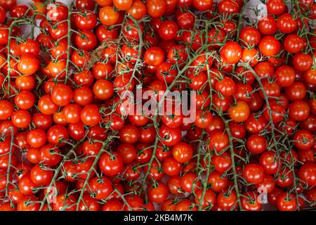 Pomodori prugni freschi maturi al mercato locale Foto Stock