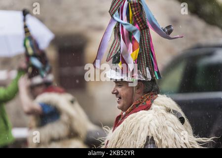 Partecipante al tradizionale carnevale Ituren vestito come 'joaldunaks' camminando per le strade del villaggio. (Foto di Celestino Arce/NurPhoto) Foto Stock