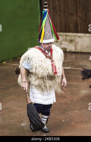 Partecipante al tradizionale carnevale Ituren vestito come 'joaldunaks' camminando per le strade del villaggio. (Foto di Celestino Arce/NurPhoto) Foto Stock