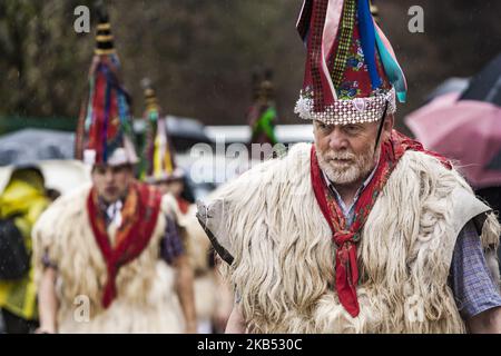 Partecipante al tradizionale carnevale Ituren vestito come 'joaldunak' marciando per le strade del villaggio. (Foto di Celestino Arce/NurPhoto) Foto Stock