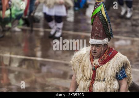 Uomo vestito con costumi 'joaldunak' durante le celebrazioni del carnevale tradizionale nel villaggio di Ituren, nel nord della Spagna. (Foto di Celestino Arce/NurPhoto) Foto Stock