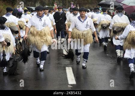 I 'joaldunaks' o 'carrier cowbell' aspettano sulla strada per i loro vicini a Ituren per tornare a Zubieta (Navarra), durante la celebrazione del carnevale. Il 29 gennaio 2019 a Zubieta, Spagna. (Foto di Joaquin Gomez Sastre/NurPhoto) Foto Stock