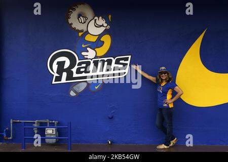 Il fan dei Los Angeles Rams Felipa Moran Vidrio si presenta per una foto davanti al segno di Randy's Donuts, ridipinta per celebrare l'offerta del Los Angeles Rams' Super Bowl. Los Angeles, California il 29 gennaio 2019. I Los Angeles Rams giocheranno contro i New England Patriots nel Super Bowl. (Foto di Ronen Tivony/NurPhoto) Foto Stock