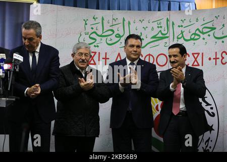 Alleanza presidenziale FLN, Mouad Bouchareb, Segretario Generale del Rally democratico Nazionale (RND), Ahmed Ouyahia, Presidente del movimento popolare algerino (MPA), Amara Benyoyes, E il presidente di Tadjamoue Amel El Djazair (TAJ), Amar Ghoul si è riunito alla sede del partito del fronte di Liberazione Nazionale (FLN) ad Algeri, in Algeria il 2 febbraio 2019 ha annunciato che il presidente della Repubblica, Abdelaziz Bouteflika, sarà loro candidato alle elezioni presidenziali del 18 aprile. (Foto di Billal Bensalem/NurPhoto) Foto Stock